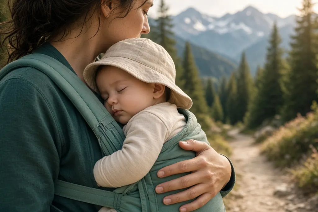 Elternteil wandert mit schlafendem Baby in der Trage auf einem sanften Bergweg