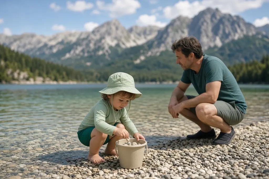 Kleinkind mit Sonnenhut spielt mit Kübel am Kieselstrand eines Bergsees