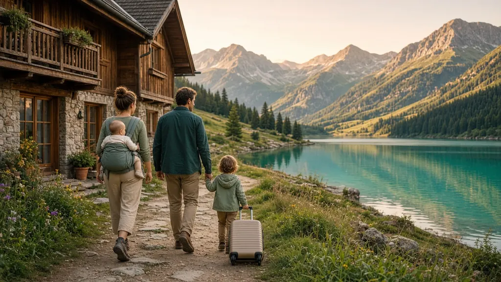 Familie mit Baby in der Trage und Kleinkind kommt mit Koffer an einer Ferienwohnung am Bergsee in den Alpen an